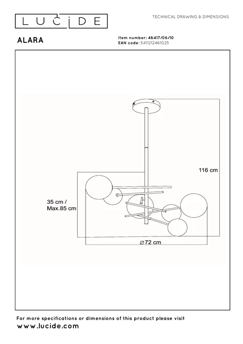 Lucide ALARA - Lámpara colgante - Ø 72 cm - LED - G4 - 6x1,5W 2700K - Oro - técnico